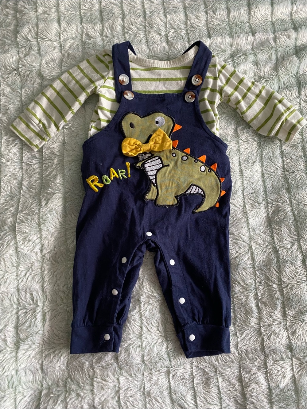 Baby Dinosaur Outfit/Overalls with Green Striped Top — 0-3m